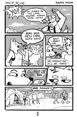 anthro athletic_wear bikini bottomwear bra camping_chair camping_tent cargo_shorts clothing cloud dialogue female gym_bottomwear gym_shorts male plant shirt shorts shrub swimwear t-shirt tail tail_motion tailwag tank_top text topwear two-piece_swimsuit underwear junipermaxima naomi_(junipermaxima) rory_(junipermaxima) sean_(junipermaxima) canid canine canis domestic_cat domestic_dog felid feline felis fox herding_dog mammal pastoral_dog sheepdog absurd_res comic english_text hi_res monochrome trans_(lore) trans_man_(lore) trans_woman_(lore)