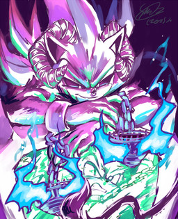 2_horns anthro black_nose black_sclera bound chain clenched_teeth cuff_(restraint) duo facial_piercing fire green_eyes horn looking_at_another magic male nose_piercing nose_ring piercing restraints ring_piercing shackles smile tail tail_tuft teeth tuft soina european_mythology greek_mythology mythology sega sonic_the_hedgehog_(series) shadow_the_hedgehog sonic_the_hedgehog bovid bovine eulipotyphlan hedgehog mammal minotaur 2025 hi_res spot_color