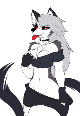 anthro black_clothing black_fingerless_gloves black_gloves black_handwear breasts clothing collar eyebrow_through_hair eyebrows female fingerless_gloves fur gloves grey_hair hair handwear looking_at_self monotone_background multicolored_body navel red_sclera red_tongue sharp_teeth shoulderless_shirt simple_background smile solo teasing teeth tongue tongue_out translucent translucent_hair two_tone_body undressing v-cut white_background white_body white_eyes white_fur danonymous hellaverse helluva_boss mythology loona_(helluva_boss) canid canid_demon canine demon hellhound mammal mythological_canine mythological_creature 2019 digital_drawing_(artwork) digital_media_(artwork) hi_res portrait three-quarter_portrait
