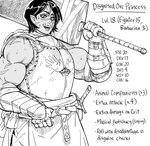 2022 absurd_res armor baalbuddy black_hair bodily_fluids english_text facial_scar female hair hi_res holding_melee_weapon holding_object holding_sword holding_weapon humanoid humanoid_pointy_ears melee_weapon monochrome not_furry open_mouth open_smile orc pointy_ears scar smile solo sweat sword text tusks weapon