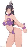 big_breasts black_hair bottomwear bound braided_hair braided_ponytail breasts cleavage clothed clothing eyelashes facial_scar female green_eyes hair hands_tied humanoid_pointy_ears navel open_mouth ponytail purple_bottomwear purple_clothing purple_tentacles purple_topwear scar simple_background solo tan_body tan_skin tentacles thick_thighs topwear white_background wide_hips litsilium baldur's_gate baldur's_gate_3 shadowheart_(baldur's_gate) elf humanoid hi_res