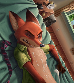 alarm_clock anthro bed black_nose bodily_fluids bottomless clock clothed clothing cum cum_on_self cumshot ejaculation eyes_closed fur furniture genital_fluids male masturbation necktie obscured_masturbation open_mouth orgasm orgasm_face penile penile_masturbation solo teeth idrawpornsometimes disney zootopia nick_wilde canid canine fox mammal red_fox true_fox 2018 digital_media_(artwork)
