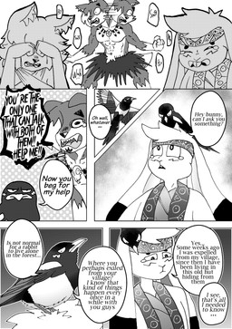 ainu_clothing anthro big_ears big_feet bodily_fluids bone bottomwear bowing clothing collar countershade_face countershade_fur countershade_torso countershading crying dialogue feathers feet flying footwear fur kerchief leg_markings male markings muscular muscular_anthro muscular_male pose scared shocked skirt skull socks_(marking) tears tears_of_desperation tears_of_sadness text underwear efradraws northwind_(efradraws) isepo_(efradraws) kasni_(efradraws) n'tal_(northwind) uspul_(efradraws) avian bird canid canine canis corvid lagomorph leporid magpie_(corvid) mammal oscine passerine rabbit wolf absurd_res black_and_white comic digital_media_(artwork) english_text halftone hi_res monochrome