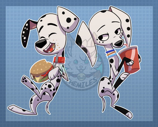 beverage black_body black_fur black_nose black_spots burger collar drinking_soda duo eating eating_food female feral floppy_ears food freckled_face freckles fur heterochromatic_ears holding_burger holding_food holding_object holding_soda leg_markings male markings pink_inner_ear red_collar socks_(marking) soda spots tail toony white_body white_fur white_spots white_tail themiles 101_dalmatian_street 101_dalmatians disney dolly_(101_dalmatians) dylan_(101_dalmatians) canid canine canis dalmatian domestic_dog mammal