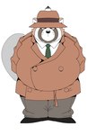 anthro belly blank_expression brown_body brown_fur clothing coat detective fur hat headgear headwear male necktie overweight solo standing topwear takotyutyu lifewonders live_a_hero shoen canid canine mammal raccoon_dog tanuki hi_res