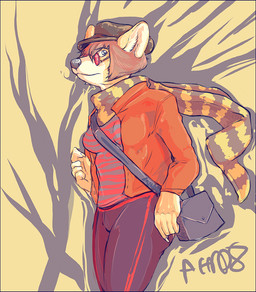 abstract_background anthro autumn big_ears biped blue_border border bottomwear brown_hair claws clothed clothing eyewear female fully_clothed glasses hair hat headgear headwear jacket orange_outerwear pattern_clothing pattern_scarf pattern_topwear red_eyewear red_glasses scarf short_hair shoulder_bag side_view simple_background solo striped_clothing striped_scarf striped_topwear stripes tight_bottomwear tight_clothing topwear walking wind yellow_background yellow_body yellow_neckwear yellow_scarf phylum ailurid mammal red_panda digital_media_(artwork) portrait restricted_palette signature three-quarter_portrait warm_colors