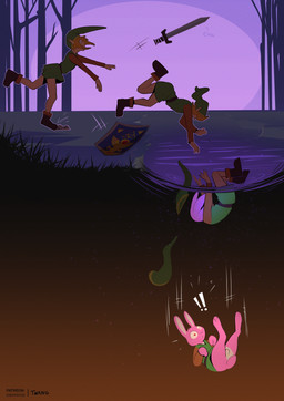 anthro balls barefoot biped blonde_hair clothed clothing detailed_background exclamation_point feet fingers footwear fur genitals grass hair humanoid_to_anthro male melee_weapon pink_body pink_fur pink_tail plant shield shoes solo species_transformation sword tail transformation tree underwater water weapon twang nintendo the_legend_of_zelda link link_(rabbit_form) humanoid lagomorph leporid mammal rabbit comic hi_res