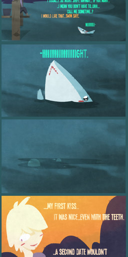 blush bucket container date dialogue duo feral infatuation outside pier sea seaside sunset text water shane_frost aquatic fish human mammal shark absurd_res comic digital_media_(artwork) english_text hi_res