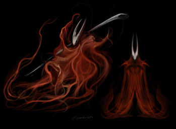2_horns ambiguous_gender anthro black_eyes cloak clothed clothing empty_eyes holding_melee_weapon holding_object holding_weapon horn melee_weapon red_cloak red_clothing solo weapon creepy_gun hollow_knight_(franchise) team_cherry hornet_(hollow_knight) arthropod 2024 hi_res signature