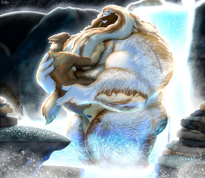 anthro arm_hair arm_tattoo axe beard big_butt big_hands body_hair butt butt_hair chest_hair duo faceless_character faceless_male facial_hair fog hair hairy holding_another hot_spring long_hair male male/male muscular muscular_anthro muscular_male night nude rock shoulder_hair size_difference tail tattoo thick_thighs water waterfall wet enopion hjelfrig_(enopion) canid canine felid lion mammal pantherine absurd_res hi_res