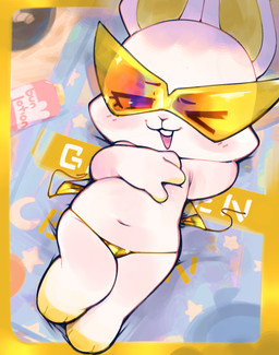 3_fingers anthro bikini bikini_bottom bikini_bottom_only biped bird's-eye_view blush buckteeth chibi clothed clothing covering covering_chest covering_self eyebrows eyelashes eyewear feet female female_anthro fingers gold_bikini hand_behind_head high-angle_view looking_at_viewer lying navel on_back one_eye_closed open_mouth outside partially_clothed_anthro partially_clothed_female solo sunglasses swimwear teeth topless towel two-piece_swimsuit white_body white_ears wink winking_at_viewer yellow_eyewear yellow_inner_ear yellow_sunglasses ligma_(artist) bombun golden_week bombun_(kekitopu) lagomorph leporid mammal rabbit 2026 archived_source digital_drawing_(artwork) digital_media_(artwork) full-length_portrait hi_res portrait shaded soft_shading