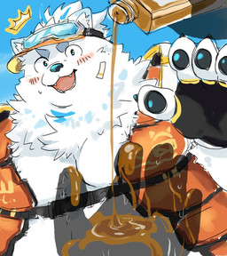 anthro bandage bandage_on_face belly blush clothing fingerless_gloves fur gloves handwear hat headgear headwear life_jacket lotion male overweight pawpads solo suntan_lotion visor_cap white_body white_fur mm_yuram lifewonders live_a_hero yohack canid canine canis domestic_dog mammal nordic_sled_dog samoyed spitz hi_res