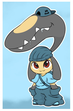 2_mouths ambiguous_gender anthro backpack baseball_cap beanie blue_background blue_backpack blue_baseball_cap blue_beanie blue_bottomwear blue_clothing blue_footwear blue_hat blue_headwear blue_pants blue_shirt blue_shoes blue_topwear bodily_fluids border bottomwear clothed clothed_ambiguous clothed_anthro clothing drooling footwear grey_body hand_in_pocket hat headgear headwear looking_at_viewer multi_mouth outline oversized_bottomwear oversized_clothing oversized_pants pants pockets saliva shirt shoes simple_background smile snaggle_teeth solo tan_body text text_on_clothing text_on_hat text_on_headwear topwear white_border white_outline dendollae nintendo pokemon generation_3_pokemon mawile pokemon_(species) english_text hi_res