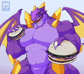 anthro burger featureless_crotch food holding_food holding_object logo male membrane_(anatomy) membranous_wings muscular muscular_anthro muscular_male navel offering_food offering_to_viewer pecs purple_body spikes spikes_(anatomy) wings yellow_spikes citsy_404 mythology doragon_ryuu dragon mythological_creature mythological_scalie scalie artist_logo digital_media_(artwork) hi_res