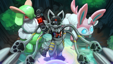 anthro biped bitchsuit black_collar black_pawpads black_sclera bondage_gear bottomless clothed clothing collar costume detailed_background featureless_crotch first_person_view group hat headgear headwear latex latex_clothing latex_hat looking_at_viewer male pawpads plushie plushsuit pokemon_costume sexotheque changed_(video_game) nintendo pokemon team_rocket avii_cinderfeather_(squid_dog) squid_dog_(changed) animate_inanimate aquatic canid canine canis cephalopod coleoid decapodiform domestic_dog eeveelution future_pokemon generation_3_pokemon generation_6_pokemon generation_9_pokemon hybrid kirlia legendary_pokemon living_plushie mammal miraidon mollusk paradox_pokemon pokemon_(species) squid sylveon 16:9 2026 4k absurd_res digital_media_(artwork) hi_res widescreen