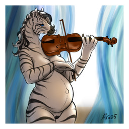 anthro belly big_belly black_mouth blue_eyes bowed_string_instrument breast_squish breasts darkened_genitalia female fur genitals hair holding_object inner_ear_fluff looking_down mane markings musical_instrument navel outie playing_music playing_viola playing_violin pregnant pregnant_anthro pregnant_female smile solo squish standing string_instrument striped_body striped_fur striped_hair striped_markings stripes tuft viola_(musical_instrument) violin violin_bow vulva ais05 izzabelle_frost equid equine mammal zebra 1:1 2022