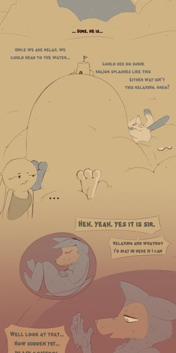 3_toes abdominal_bulge after_vore age_difference anthro belly big_belly black_text bucket castle cloud container curled_up digestion ellipsis feet female fetal_pose flag gesture grey_text group hand_gesture imprint low-angle_view lying male male/male nude on_back overweight overweight_anthro overweight_male reclining relaxing sand sand_castle sculpture text thumbs_up toes trio uncomfortable vore willing_prey worm's-eye_view afraart ben-bun_(afraart) brittney_(afraart) greg_(afraart) canid canine canis lagomorph leporid mammal rabbit wolf absurd_res comic english_text hi_res