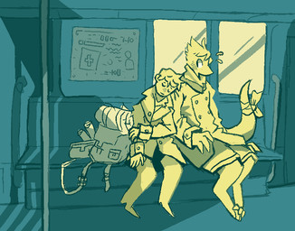 anthro backpack bench clothed clothing coat duo fur inside_train leaning male sitting sleeping tail topwear train vehicle retros mythology dragon furred_dragon furred_scalie human mammal mythological_creature mythological_scalie scalie digital_media_(artwork)