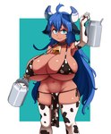 :3 animal_print big_breasts blue_eyes blue_hair bottomwear breasts clothing collar cow_print cowbell female hair hucow huge_breasts legwear loincloth milk nipple_outline solo thigh_highs sakanadaze animal_humanoid bovid bovid_humanoid bovine bovine_humanoid cattle_humanoid humanoid mammal mammal_humanoid