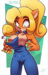 2021 5_fingers activision airborne_object anthro areola bandicoot big_breasts black_nose blonde_hair blush breasts button_(fastener) button_pop clothed clothing coco_bandicoot countershading crash_bandicoot_(series) female fingers fur green_background green_eyes hair long_hair mammal marsupial nipples onomatopoeia open_mouth orange_body orange_fur overalls overalls_only ponytail simple_background snap solo sound_effects surprise text the_other_half torn_clothing url wardrobe_malfunction watermark wide_eyed wide_hips