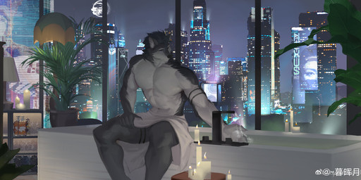 anthro bathtub black_nose blue_eyes building candle fur grey_body grey_fur grey_hair hair inside male male_anthro mouth_closed muscular muscular_anthro muscular_male navel night nude plant plant_pot potted_plant short_hair sitting sky solo towel towel_on_lap water white_body white_fur window awaldkize canid canine mammal 2024 absurd_res dated hi_res signature