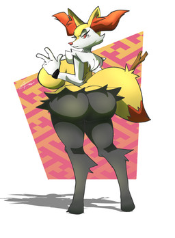 anthro big_butt breasts butt female fur rear_view red_eyes solo yellow_body yellow_fur klacket nintendo pokemon braixen generation_6_pokemon pokemon_(species) 2025 absurd_res hi_res