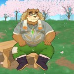 anthro belly blush bottomwear cherry_blossom clothing detailed_background eyewear flower glasses hat headgear headwear kemono male overweight overweight_male pants plant prunus_(flower) shirt sitting solo straw_hat topwear towel tree yaki_atsuage lifewonders tokyo_afterschool_summoners volos_(tas) bear mammal 1:1 2024 hi_res