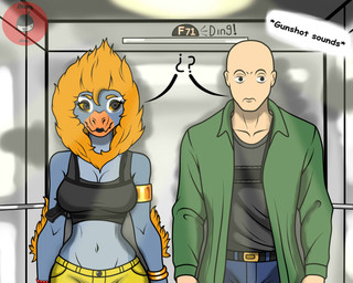 anthro bald black_eyes blonde_hair blue_body blue_scales bottomwear breasts clothing crop_top denim denim_bottomwear denim_clothing detailed_background duo elbow_feathers elevator eyelashes feathers female grey_eyes gun hair inside jacket jeans light-skinned_male light_body light_skin male midriff multicolored_body multicolored_scales navel pants question_mark ranged_weapon scales shirt text topwear two_tone_body two_tone_scales weapon yellow_bottomwear yellow_clothing yellow_pants dizzy_weas cavemanon_studios snoot_game anon_(snoot_game) deborah_(actor_game) fan_character dinosaur feathered_dinosaur feathered_scalie human mammal prehistoric_species reptile scalie 2024 5:4 artist_name digital_drawing_(artwork) digital_media_(artwork) english_text hi_res watermark