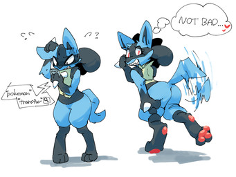 3_toes 4_fingers after_transformation ambiguous_gender anthro basic_sequence biped black_body black_fur black_inner_ear blue_body blue_ears blue_fur blue_tail bodily_fluids butt cellphone chest_spike clenched_teeth digitigrade electronics featureless_crotch feet fingers flying_sweatdrops front_view fur gloves_(marking) heart_after_text heart_symbol hindpaw holding_cellphone holding_object holding_phone holding_smartphone kemono leg_markings looking_at_self markings monotone_tail multicolored_body multicolored_fur nude nude_ambiguous nude_anthro pawpads paws phone pink_pawpads pupils rear_view red_eyes simple_background smartphone socks_(marking) solo spikes spikes_(anatomy) standing sweat sweatdrop tail tail_motion tailwag teeth text text_with_heart thought_bubble three-quarter_view toes white_background white_pupils yellow_body yellow_fur netchy_boo nintendo pokemon canid canine generation_4_pokemon lucario mammal pokemon_(species) 4:3 colored digital_media_(artwork) english_text full-length_portrait portrait sequence shaded