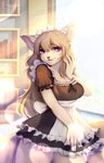 anthro bangs blonde_hair book bookshelf breasts clothed clothing female furniture hair inside lens_flare long_hair looking_at_viewer maid_uniform pink_inner_ear purple_eyes solo standing uniform window bambolbi felid feline mammal absurd_res digital_media_(artwork) hi_res shaded