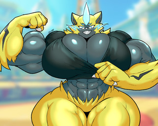 abs anthro big_breasts big_butt big_muscles breasts butt clothing clothing_pull eyewear female flexing glasses huge_breasts huge_butt huge_hips huge_muscles hyper hyper_breasts hyper_butt muscular muscular_arms muscular_female sharp_teeth solo standing teeth wide_hips spintopple nintendo pokemon zee_(notsobretheren) generation_7_pokemon legendary_pokemon pokemon_(species) zeraora hi_res