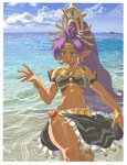 5_fingers blue_eyes bracelet breasts brown_body brown_skin clothing cloud cosplay crossover_cosplay day ear_piercing ear_ring female fingers hair humanoid_pointy_ears jewelry long_hair not_furry open_mouth open_smile outside partially_submerged piercing pointy_ears ponytail purple_hair ring_piercing sea smile solo water wet chzzei breath_of_the_wild nintendo shantae_(series) the_legend_of_zelda wayforward riju shantae genie humanoid 2024 crossover hi_res