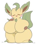 ahoge anthro big_breasts biped blush breasts butt dipstick_ears ear_markings eyebrows eyelashes eyes_closed female front_view gloves_(marking) green_tail hair hand_on_breast huge_breasts huge_thighs kneeling leaf leg_markings markings multicolored_body multicolored_ears nude nude_female open_mouth open_smile plant simple_background smile socks_(marking) solo tail thick_thighs white_background wide_hips yellow_body white_slime_(artist) nintendo pokemon eeveelution elemental_creature flora_fauna generation_4_pokemon leafeon mammal pokemon_(species) 2024 digital_drawing_(artwork) digital_media_(artwork) hi_res
