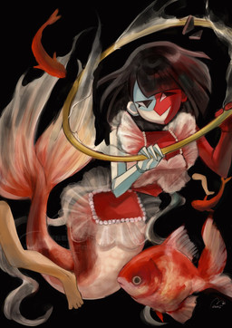 black_hair clothed clothing female fin floating_head group hair multicolored_body red_body simple_background smile split_form tail topwear two_tone_body usagimarumei ena:_dream_bbq ena_(series) ena_(dream_bbq) amur_carp aquatic carp cyprinid cypriniform ena_(species) fish humanoid koi mammal merfolk typical_carp digital_media_(artwork) hi_res