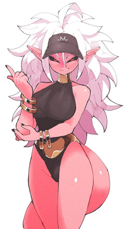 5_fingers breasts clothing female fingers hair hat headgear headwear humanoid_pointy_ears leotard long_hair not_furry pink_body pink_skin pointy_ears red_eyes simple_background smile solo white_background white_hair inkerton-kun dragon_ball dragon_ball_fighterz android_21 majin_android_21 alien alien_humanoid humanoid majin hi_res