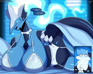 anthro big_breasts biped blue_body bra breasts claws clothed clothing dialogue duo female garter_belt garter_straps genitals glistening glistening_body huge_breasts machine multicolored_body non-mammal_breasts overweight overweight_anthro overweight_female pupils speech_bubble text thick_thighs underwear vulva white_clothing wide_hips lyorenth-the-dragon mythology dragon mammal mythological_creature mythological_scalie robot scalie english_text