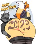 anthro big_butt body_writing breasts butt duo eyewear female fur glasses holidays huge_butt male male/female thick_thighs tongue tongue_out touching_butt writing_on_butt yellow_body yellow_fur jhenightfox new_year julie_(jhenightfox) rod_(r_96) canid canine canis fox mammal wolf 2023 absurd_res hi_res