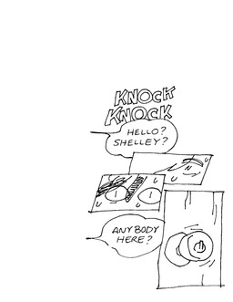ambiguous_gender bodily_fluids close-up dialogue door door_handle doorknob dreadlocks duo eyebrows hair simple_background sound_effects speech_bubble sweat sweatdrop text toony white_background gaydottiff penny_(gaydottiff) shelley_(gaydottiff) ambiguous_species 2023 black_and_white comic english_text hi_res monochrome trans_(lore) trans_woman_(lore)