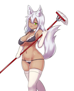 armwear bra breasts cleaning_tool cleavage clothed clothing elbow_gloves female gloves green_eyes hair handwear holding_object legwear mop navel one_eye_closed panties simple_background solo thigh_highs underwear white_background white_hair wink thatnav animal_humanoid canid canid_humanoid canine canine_humanoid humanoid mammal mammal_humanoid wolf_humanoid 2019 hi_res