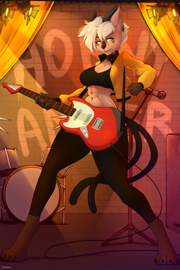 2_tails abs anthro brown_body claws clothing cymbals drum drum_set ear_piercing ear_ring electric_guitar electronics exoskeleton fangs female fur gradient_fur grey_hair guitar hair horn inner_ear_fluff looking_at_viewer microphone microphone_stand multi_tail musical_instrument percussion_instrument piercing plucked_string_instrument ring_piercing short_hair smile smiling_at_viewer solo speaker stage string_instrument tail teeth tom_drum tuft redwix asian_mythology east_asian_mythology japanese_mythology mythology horny_amber dragon felid mammal mythological_creature mythological_scalie nekomata scalie yokai 2:3 absurd_res hi_res