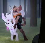 anthro backpack bent_over bent_over_with_legs_held_straight brown_body brown_fur collar duo extended_arms femboy forest fur genitals hands_on_another's_hip hands_on_hips hands_on_knees hands_on_legs hands_on_own_knees hands_on_own_legs heart_pendant heart_symbol hip_grab holding_both_knees holding_both_legs kerchief knock-kneed leaning_on_self male male/male neckerchief penis pink_penis plant scarf standing straight_legs tail tail_around_partner tail_over_shoulder tail_tuft tapering_penis tree tuft white_body white_fur wide_stance warden006 microsoft ori_(series) xbox_game_studios ancesra_(ancesra) haru_(warden006) guardian_spirit mammal procyonid raccoon