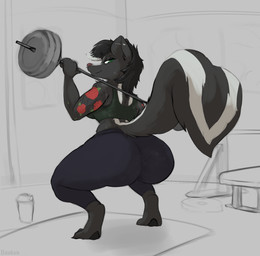 anthro arm_tattoo barbell barbell_squats black_hair bodily_fluids clothing crouching exercise female green_eyes hair highlights_(coloring) leggings legwear looking_at_viewer looking_back looking_back_at_viewer markings musk raised_tail shirt solo striped_markings striped_tail stripes sweat tail tail_markings tank_top tattoo topwear weightlifting white_highlights workout daukus mammal mephitid skunk absurd_res hi_res