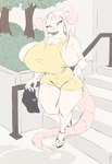 anthro big_breasts breasts clothing female footwear fur hair half-closed_eyes huge_breasts narrowed_eyes pink_body pink_hair pink_skin ponytail purse sandals shoes skimpy_dress smile solo white_body white_fur dullvivid kimberly_(dullvivid) mammal mouse mousemallow murid murine rodent hi_res
