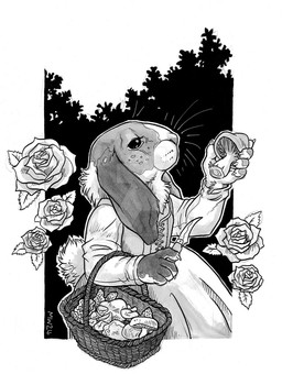 anthro basket clothed clothing container dress female flower fluffy fluffy_tail foraging freckled_face freckles fungus fur holding_object knife looking_at_object markings multicolored_body multicolored_fur mushroom neck_tuft plant rabbit_ears raised_arm rose_(flower) solo spots spotted_markings tail tuft whiskers justcallmemrm grimshire rose_(justcallmemrm) lagomorph leporid mammal rabbit monochrome
