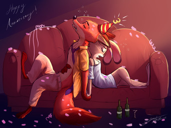 anthro bodily_fluids bottle bottomwear clothing container dipstick_ears drooling drunk duo ear_markings female fluffy fluffy_tail fur furniture hand_holding hand_size_difference hat headgear headwear male multicolored_ears necktie number pants party_hat saliva shirt sleeping sofa substance_intoxication tail topwear juantriforce disney zootopia judy_hopps nick_wilde canid canine fox lagomorph leporid mammal rabbit red_fox true_fox 2019 4:3 hi_res