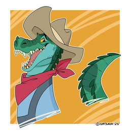 anthro head_spines kerchief male neckerchief neckwear sharp_teeth side_view smile snout solo tail tail_spines teeth tongue hiryunatsuakai alligator alligatorid crocodilian reptile scalie absurd_res hi_res