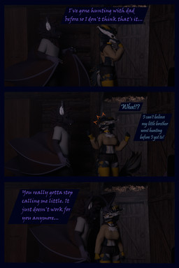 angry anthro arm_warmers armwear blue_body blue_eyes blue_fur bottomwear building cabin clothing dialogue female fur headpat hoodie house leg_warmers legwear male multicolored_body multicolored_fur patronizing purple_body purple_fur shirt shorts t-shirt text topwear white_body white_fur wings yellow_eyes flailingfornication bat kobold mammal nardoragon scalie 2:3 3d_(artwork) absurd_res comic digital_media_(artwork) english_text hi_res brother_(lore) brother_and_sister_(lore) sibling_(lore) sister_(lore)