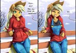 2020 anthro applejack_(mlp) black_bars clothed clothing dialogue digital_media_(artwork) english_text equid equine eyes_closed female fidzfox friendship_is_magic green_eyes grin hasbro hat headgear headwear hi_res looking_at_viewer mammal my_little_pony outside overalls pillarbox smile solo text winter
