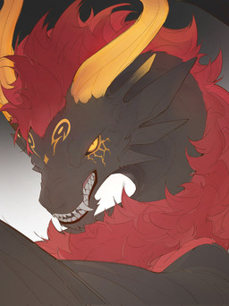 2_horns ambiguous_gender black_body black_scales eye_markings facial_markings facial_spikes fangs feral forehead_markings gradient_background grey_background gums hair head_horn head_markings horn looking_at_viewer mane markings open_mouth orange_horn orange_markings pupils red_hair red_mane scales simple_background slit_pupils snarling solo spikes spikes_(anatomy) teeth tusks white_background yellow_eyes chiayeeee european_mythology mythology gorynych_nitra dragon mythological_creature mythological_scalie scalie western_dragon 2023 digital_drawing_(artwork) digital_media_(artwork) hi_res