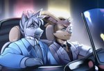 anthro black_car black_eyebrows black_nose black_tie_(suit) blue_clothing blue_suit blurred_background brown_body brown_fur brown_hair car chair clothing countershade_face countershade_neck countershading driving duo eyebrows fluffy_ears fur furniture grey_body grey_fur grey_hair hair humanoid_hands leaning long_hair looking_away male necktie pointy_ears prick_ears reflection riding short_hair sitting sitting_in_car smile snout steering_wheel suit vehicle white_body white_clothing white_fur white_hair white_suit windshield yellow_eyes krazyelf noah_the_zebra ryland_the_hare equid equine lagomorph leporid mammal rabbit zebra hi_res